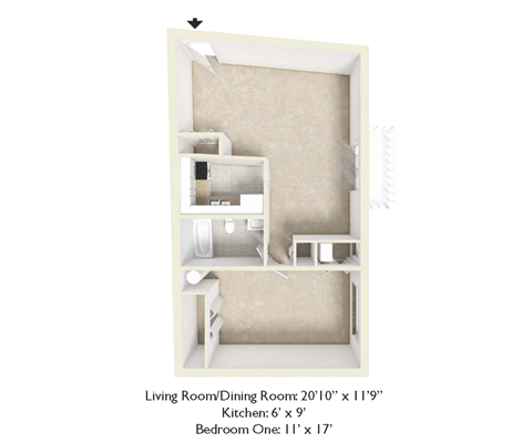 A diagram of a small apartment with a living room, dining room, kitchen and bedroom.